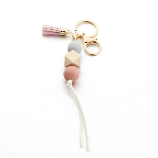 Leopard Wood Bead Keychain with Mini Tassel
