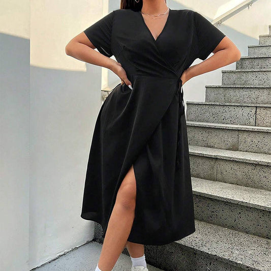 Women's V Neck Split Midi Dress ? Solid Color