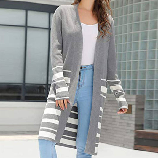 STRIPED LOOSE MID-LENGTH KNIT CARDIGAN COAT