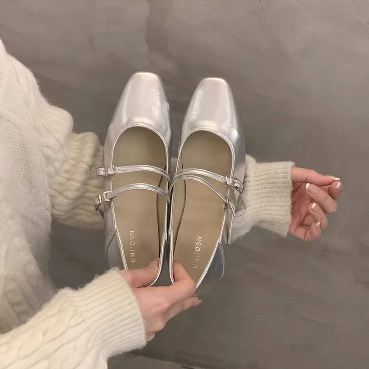 Silver Chunky Heel Mary Jane Shoes for Women