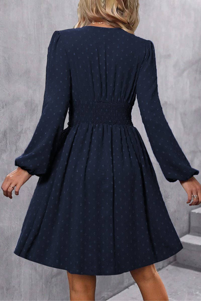 CWDSD6427_JACQUARD V-NECK LANTERN SLEEVE DRESS