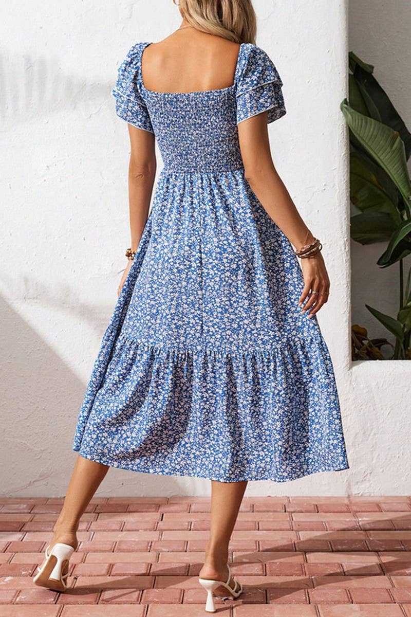 CWDMD5702_BOHEMIAN CASUAL HOLIDAY FLORAL SHORT-SLEEVED DRESS