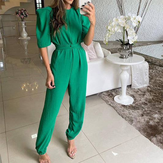 TEMPERAMENT ROUND NECK SOLID COLOR ROMPER