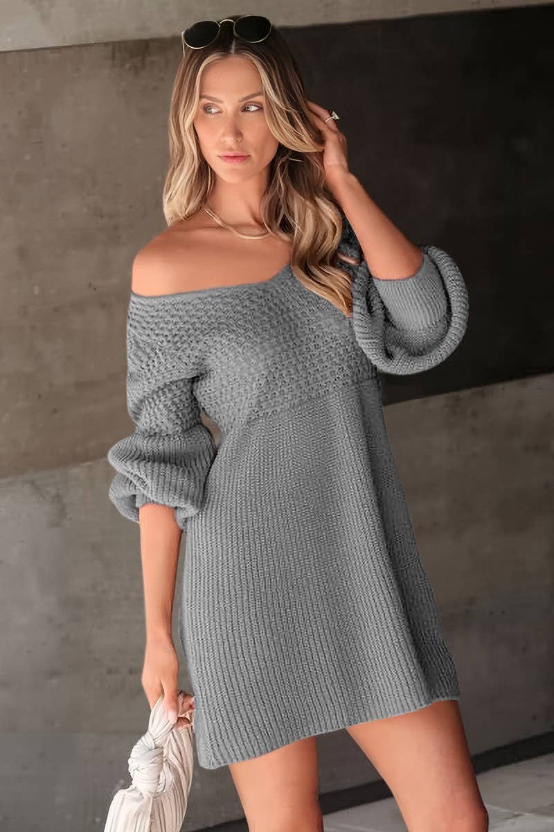 CWDSD10582_V NECK PUFF SLEEVE SOLID KNIT SWEATER DRESS
