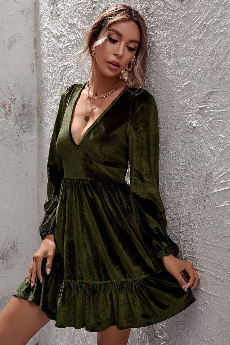 CWDSD6474_DEEP V NECK PUFF SLEEVE VELVET RUFFLE DRESS