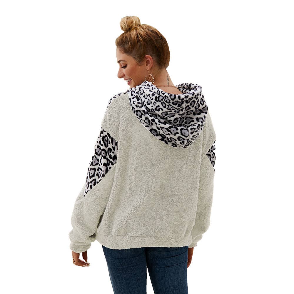 LEOPARD PRINT SPLICED DOUBLE-SIDED PLUSH HOODIE