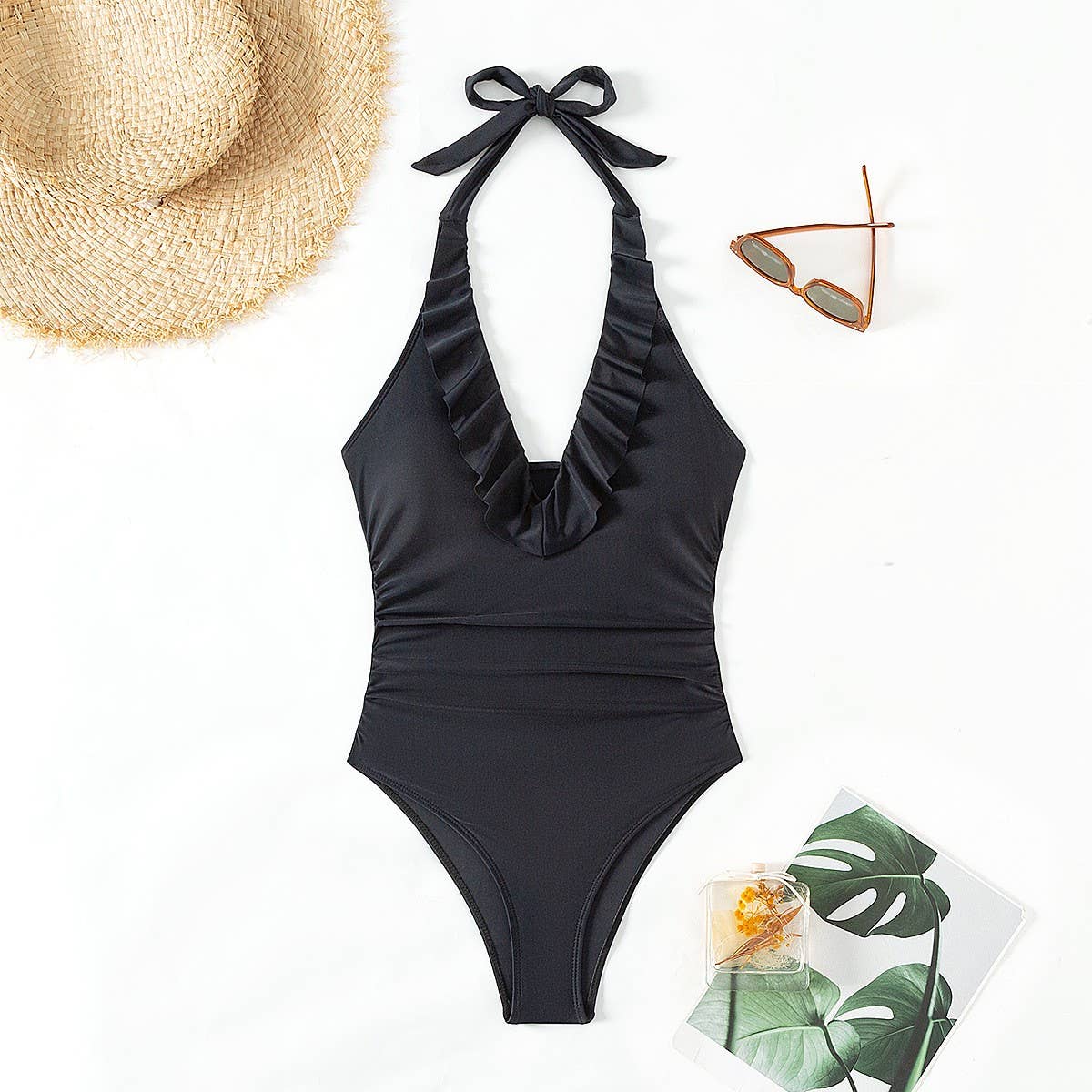 WOMEN'S BACKLESS RUFFLED ONE-PIECE SWIMSUIT