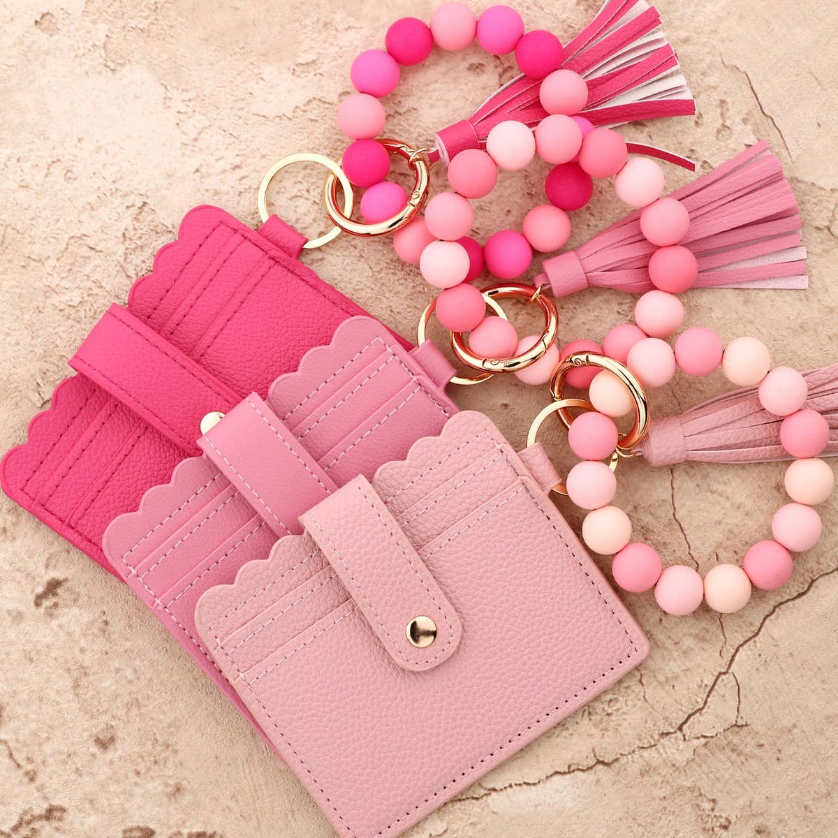 Solid Color PU Wallet with Bead Bracelet&Keychain_CWAB4959