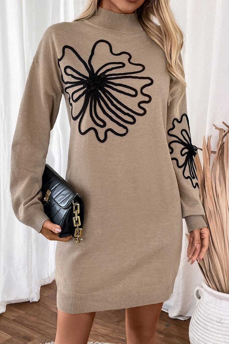 CWDSD7266_AUTUMN AND WINTER MID COLLAR FLORAL SWEATER DRESS
