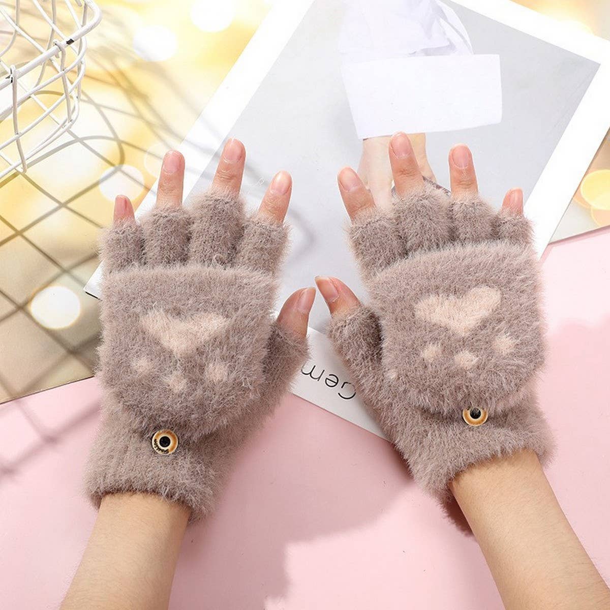 CWAG00552_CUTE CAT PAW BEAR CLAW KNIT GLOVES