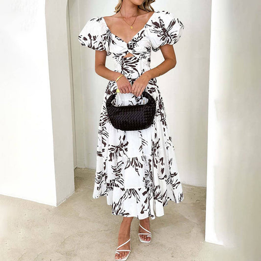 Sweet off-the-shoulder print puffy sleeve dress