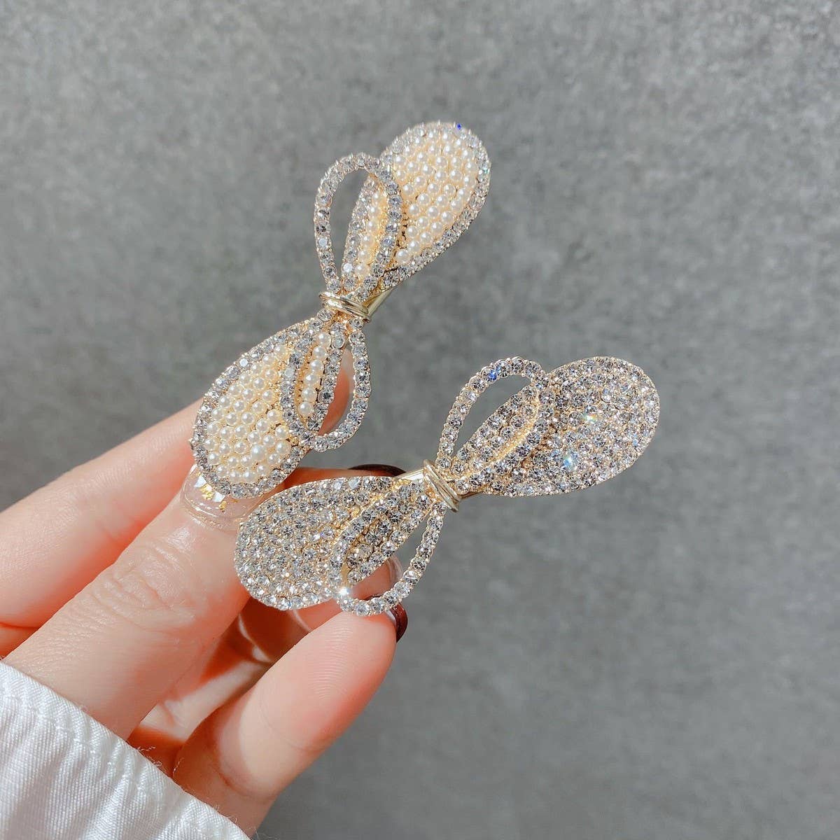 RHINESTONE BOW PEARL DOUBLE LAYER HAIR CLIP