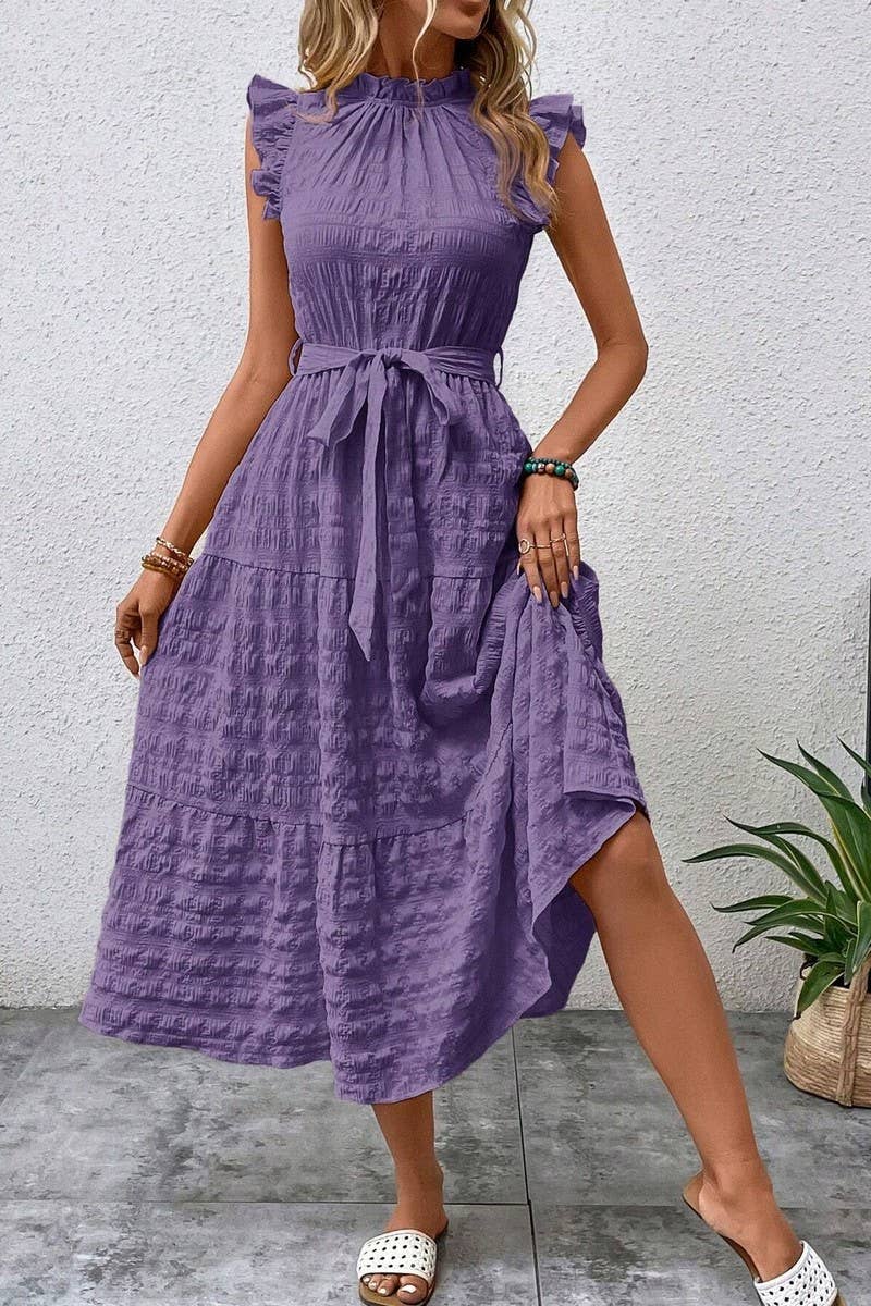 CWDMD4952_SUMMER RUFFLED FLYING SLEEVES TEXTURED DRESS