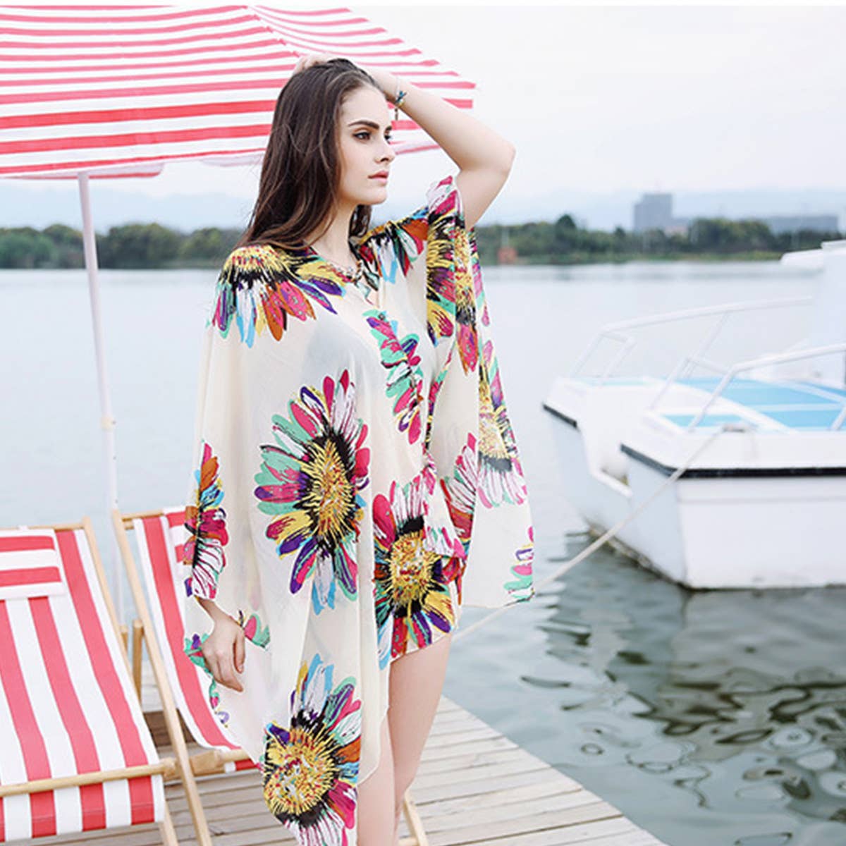 SUNFLOWER PRINT FRONT OPEN KIMONO FOR SUMMER