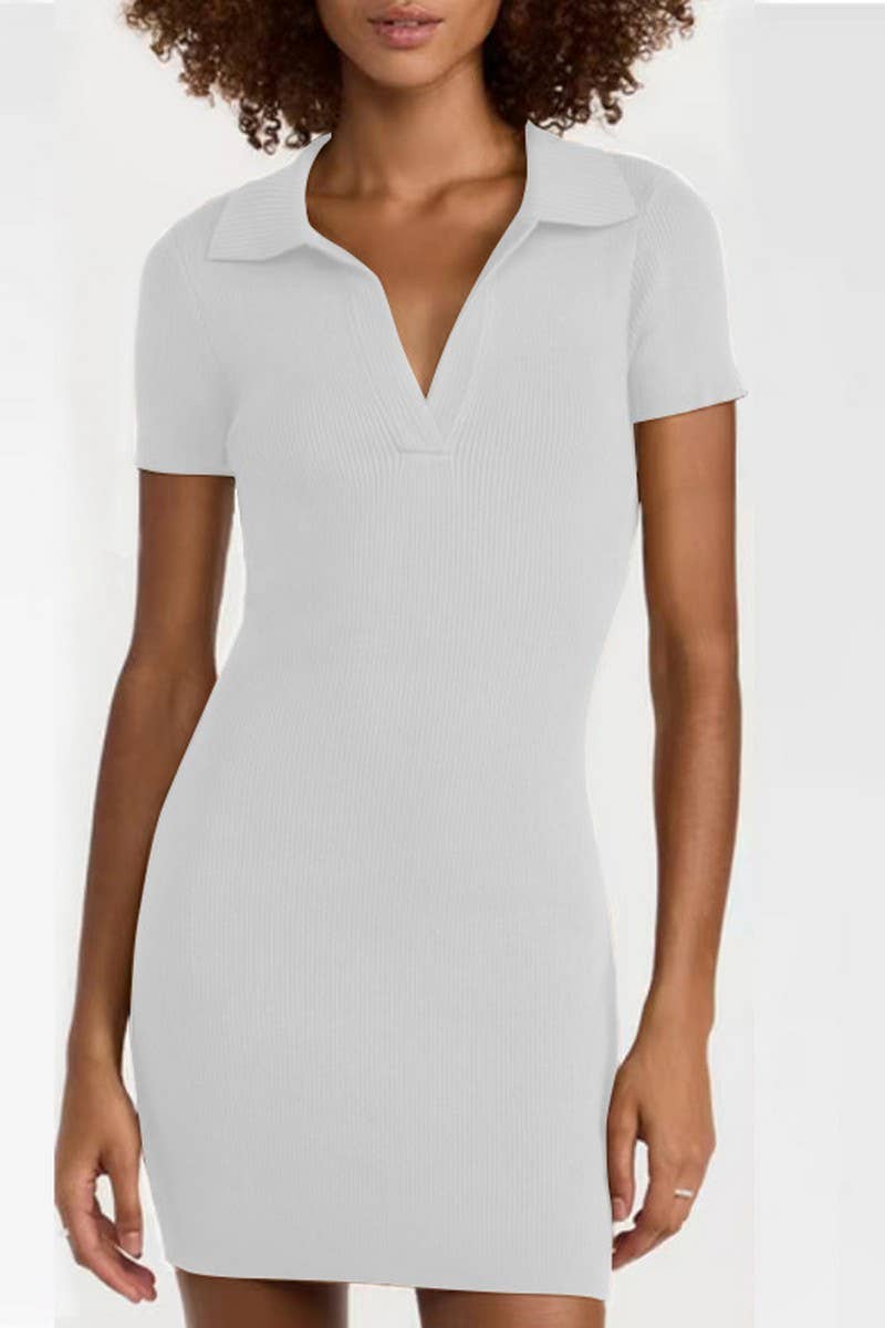 CWDSD7459_RIBBED DEEP V LAPEL SHORT SLEEVE BODYCON DRESS