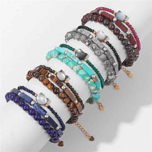 CWAJE4229_STONE BEADS SHELL CAT HEAD THREE-PIECE BRACELET