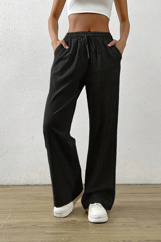 CWBLP2092_SOLID COLOR DRAWSTRING WAIST WIDE LEG PANTS