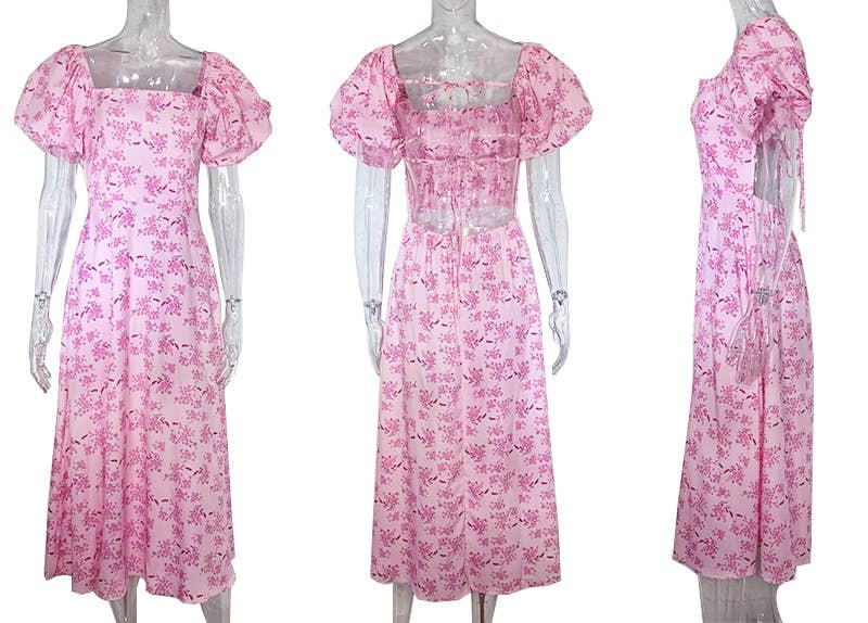 PRINTED SQUARE COLLAR LACE-UP DRESS