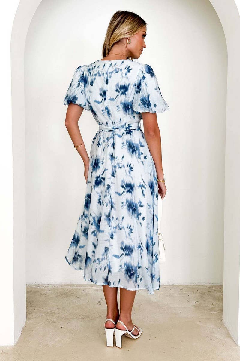 CWDMD5557_ELEGANT V-NECK PUFF SLEEVE FLORAL DRESS