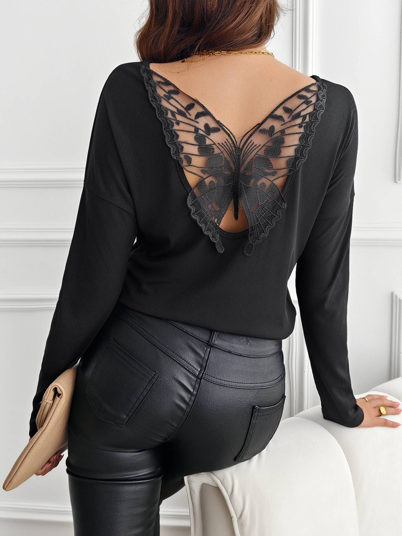 Solid-color patchwork butterfly ribbed T-shirt