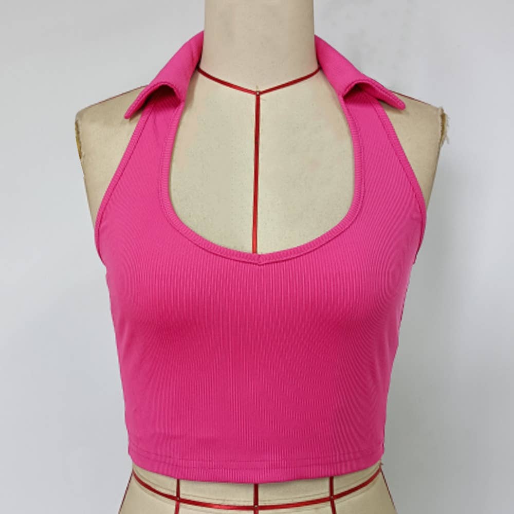 Stylish knitted pit strip lapel cropped tank top