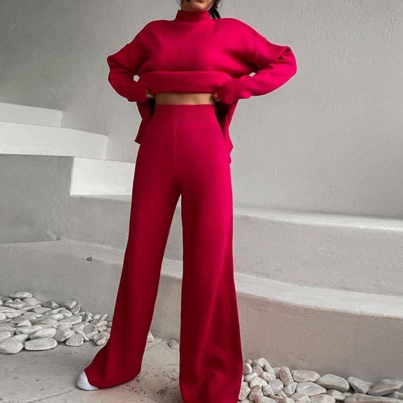 LONG SLEEVE LOOSE SWEATER KNIT TOP PANT SUIT