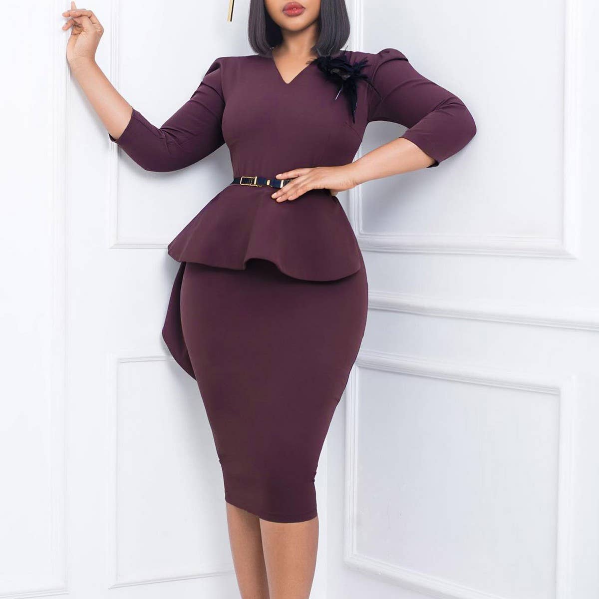 RUFFLED RETRO V-NECK HIP-HUGGING PENCIL DRESS