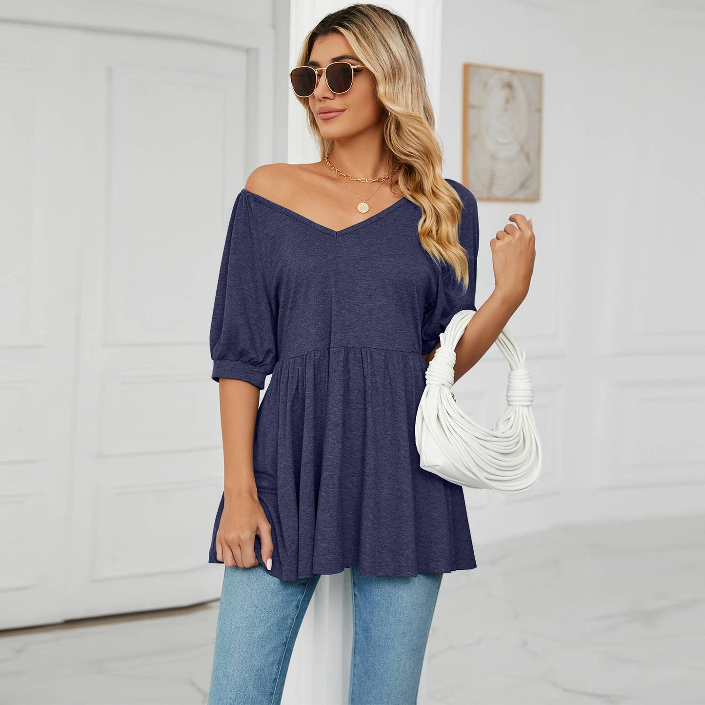 V-NECK BUBBLE SHORT SLEEVE T-SHIRT TUNIC