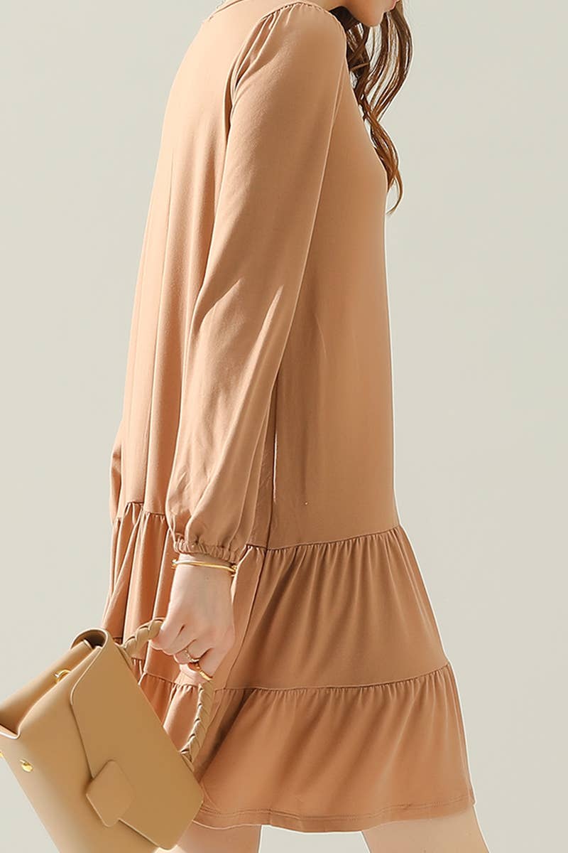 CWDSD10356_LONG SLEEVE SHIRRING LAYERED HEM MINI DRESS