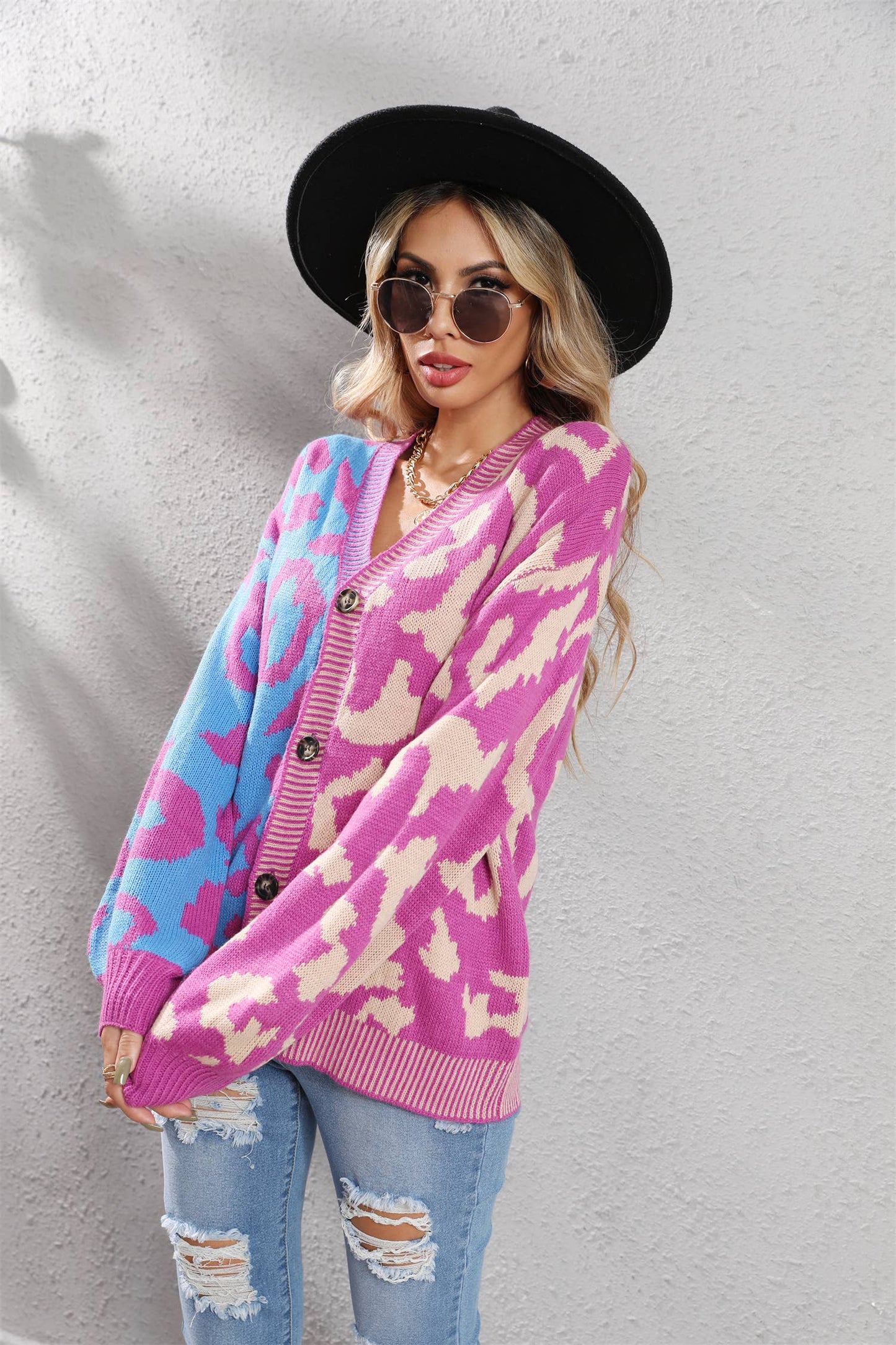 Printed Knit Single Breasted Leopard Knit Cardigan
