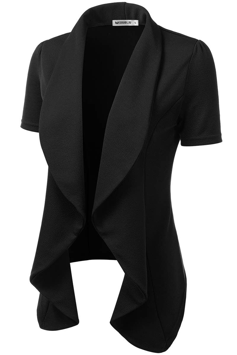 CWOBL095-P_Short Sleeve Open Front Draped Ruffles Blouses