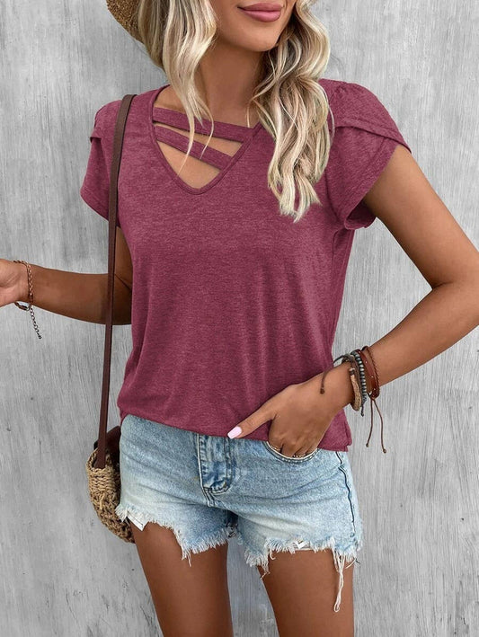 V-NECK LOOSE T-SHIRT WITH SPLICED PETAL SLEEVES