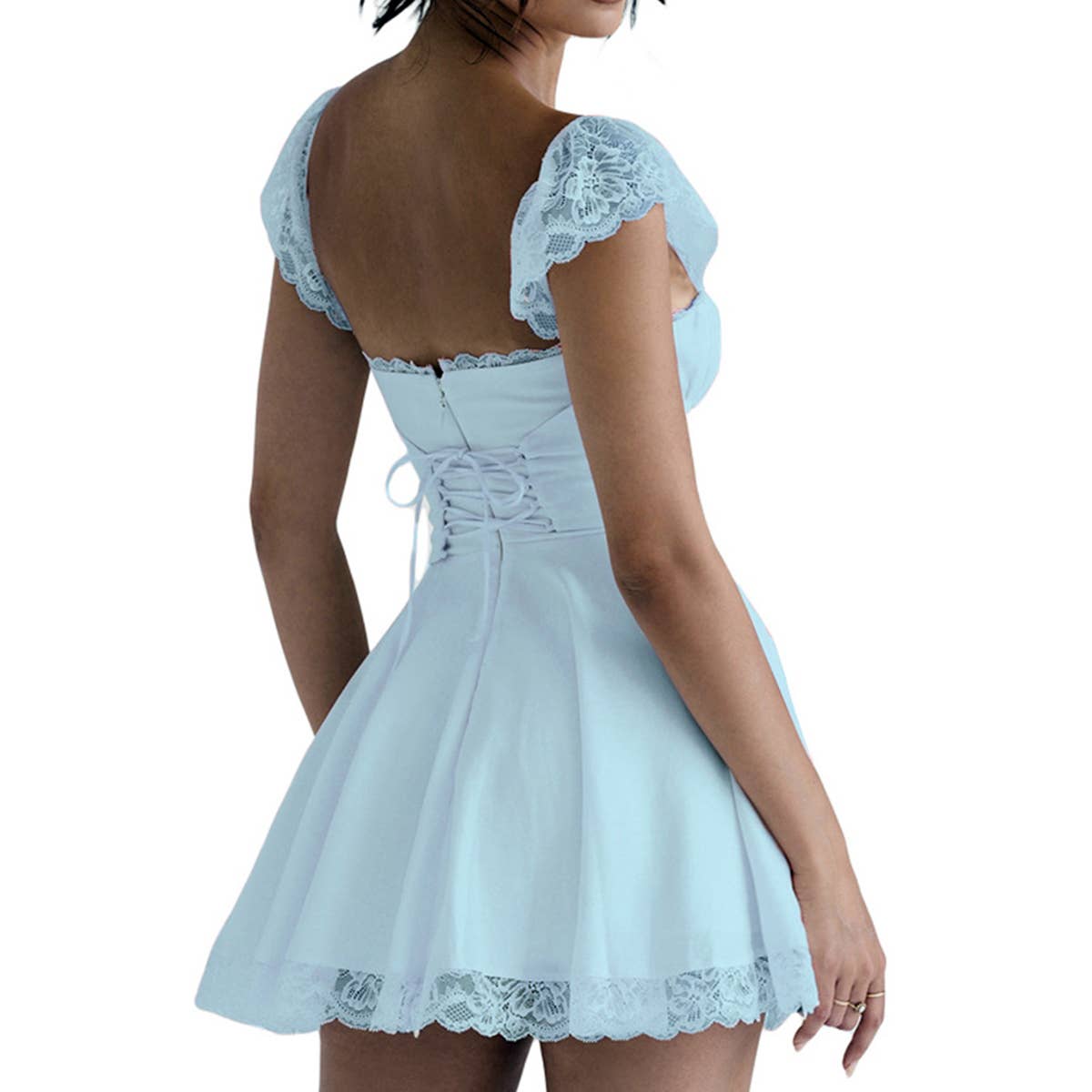 Lace-trimmed square-neck fitted halter dress