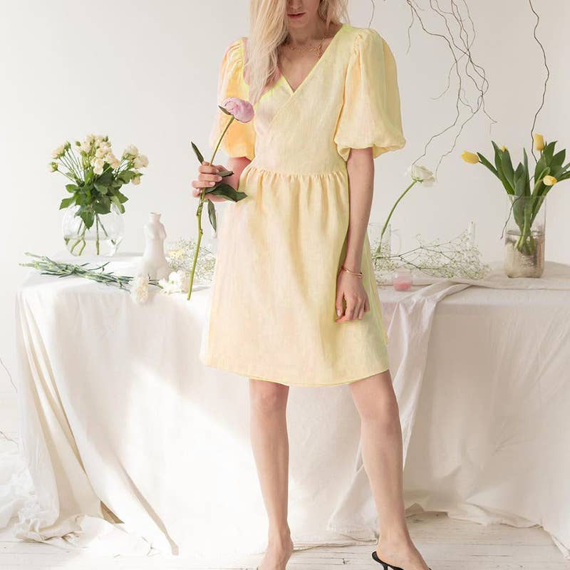 V-NECK PUFFED SLEEVE COTTON LINEN DRESS