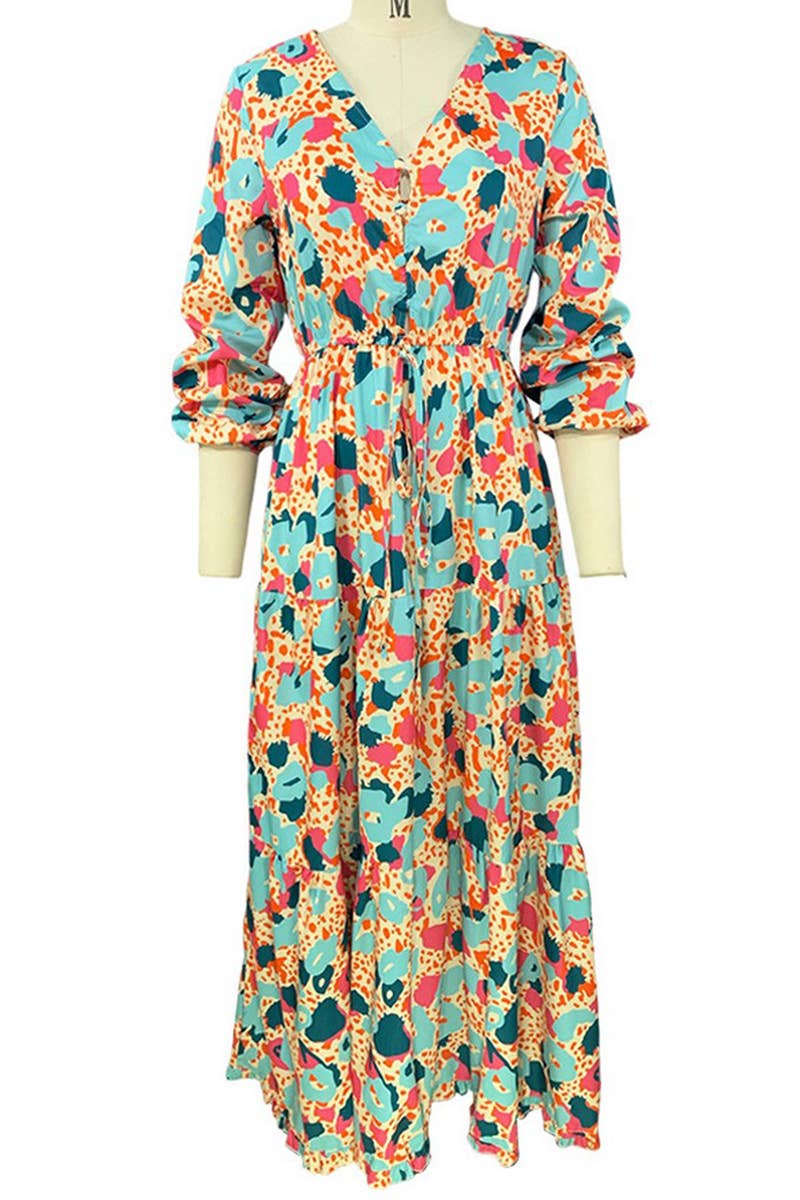 V NECK LONG SLEEVED PRINTED LOOSE FITTING DRESS