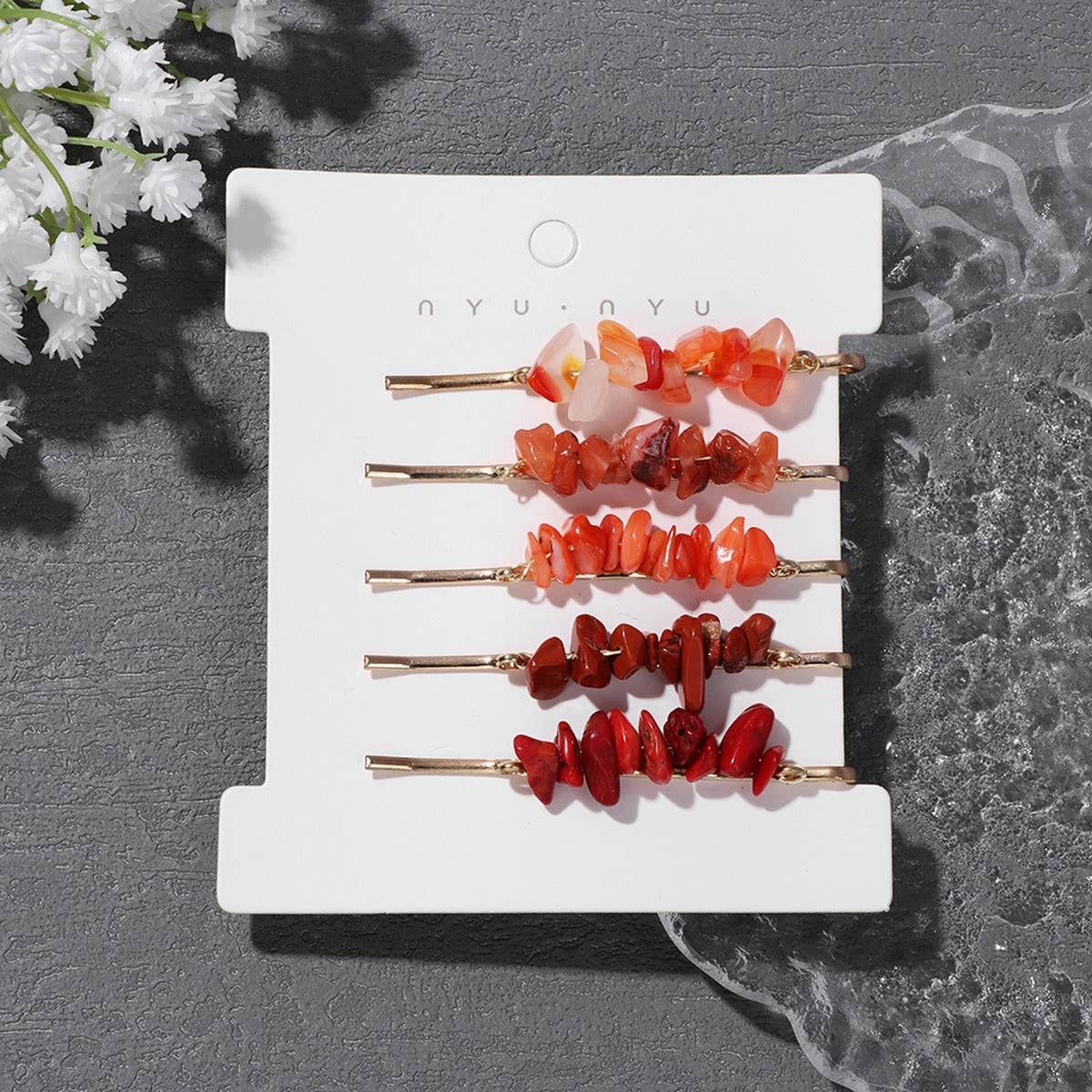 Natural Red Stone Hair Clip Set - Simple & Elegant_CWAHA1763