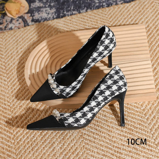 THOUSAND BIRD PLAID SLIM HEEL HIGH HEELS
