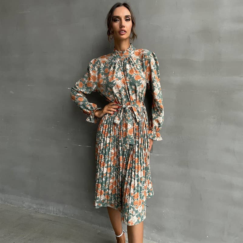 PRINTED LONG-SLEEVED HALF-TURTLENECK DRESS