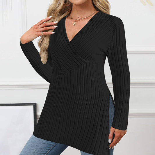 LONG SLEEVE V-NECK CASUAL HOME PIT STRIP TOP