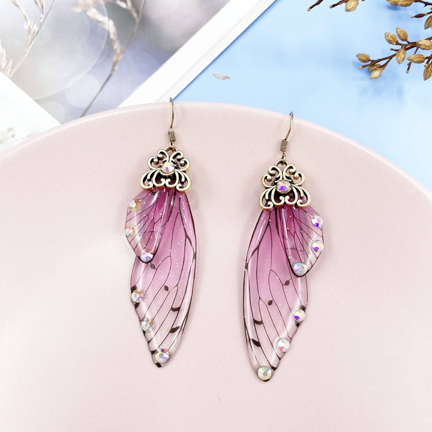Elegant long earrings with cicada wing wings