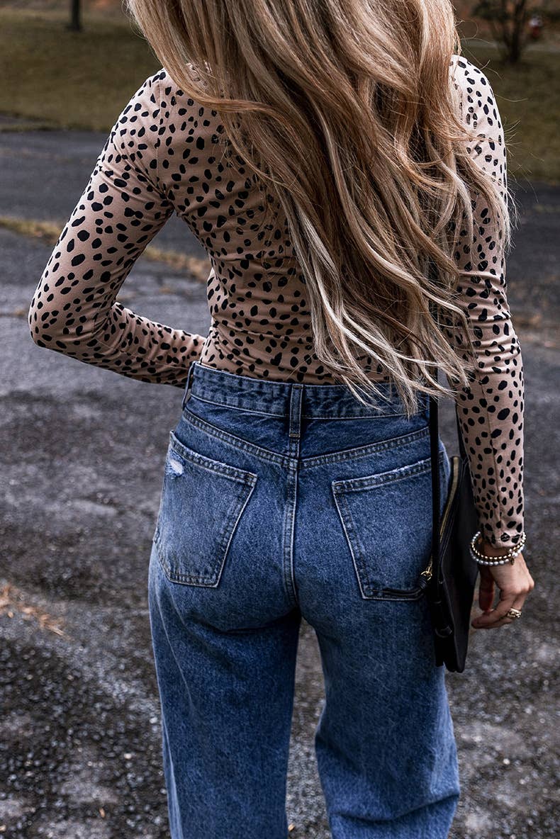 LEOPARD PRINT LONG-SLEEVED CREW NECK JUMPSUIT