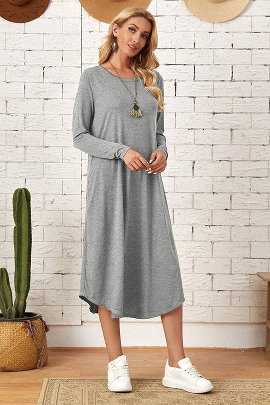 CWDMD3948_SOLID COLOR CASUAL LONG SLEEVE LONG DRESS