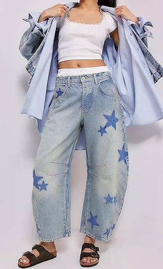 Low-waisted non-elastic washed embroidered jeans