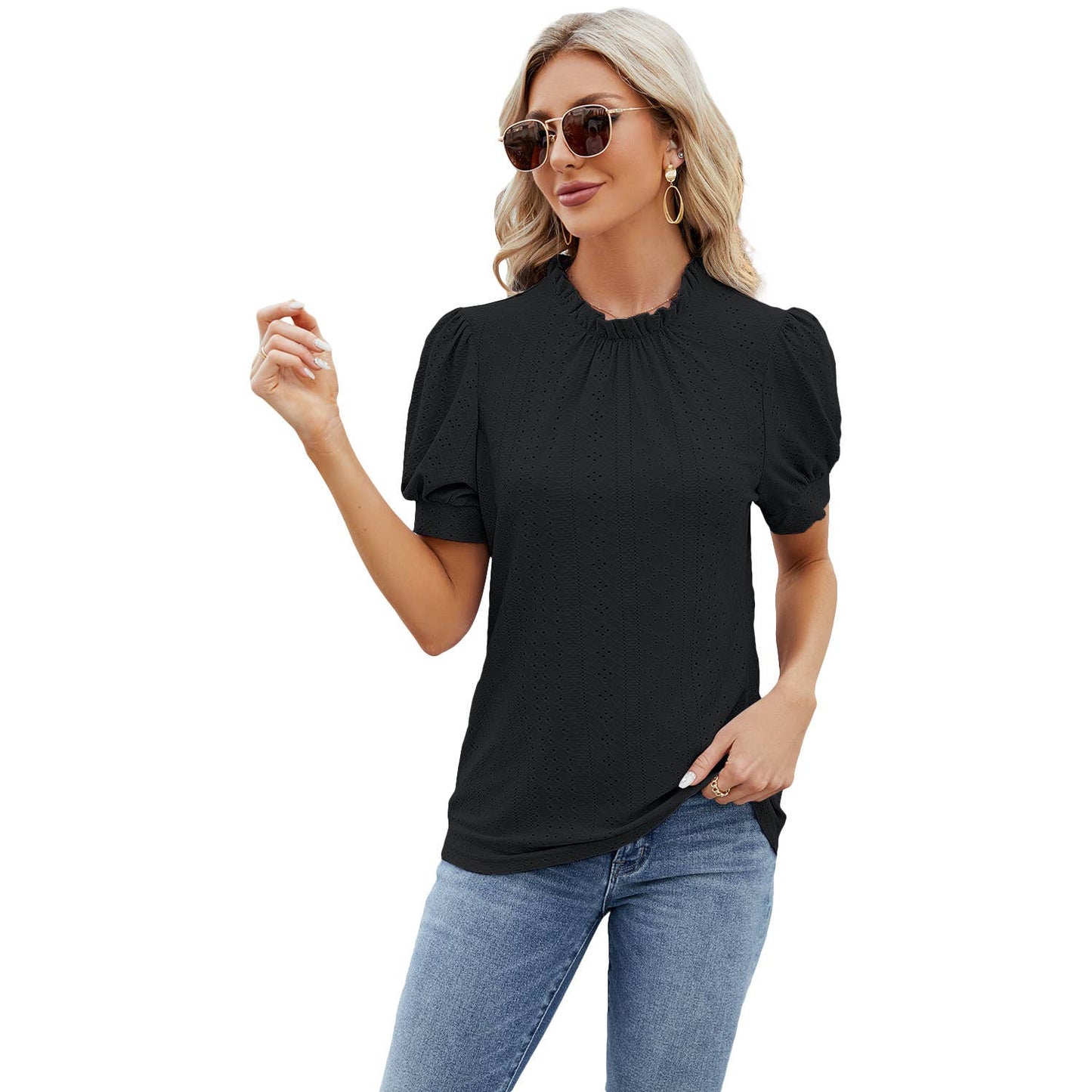 RUFFLE SHIRT WITH LACE COLLAR AND PUFFY SLEEVES