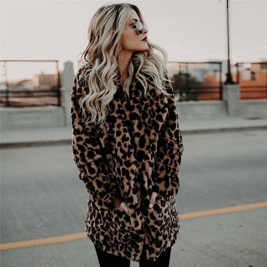 Leopard Faux Fur Coat Women Mid-Length Winter