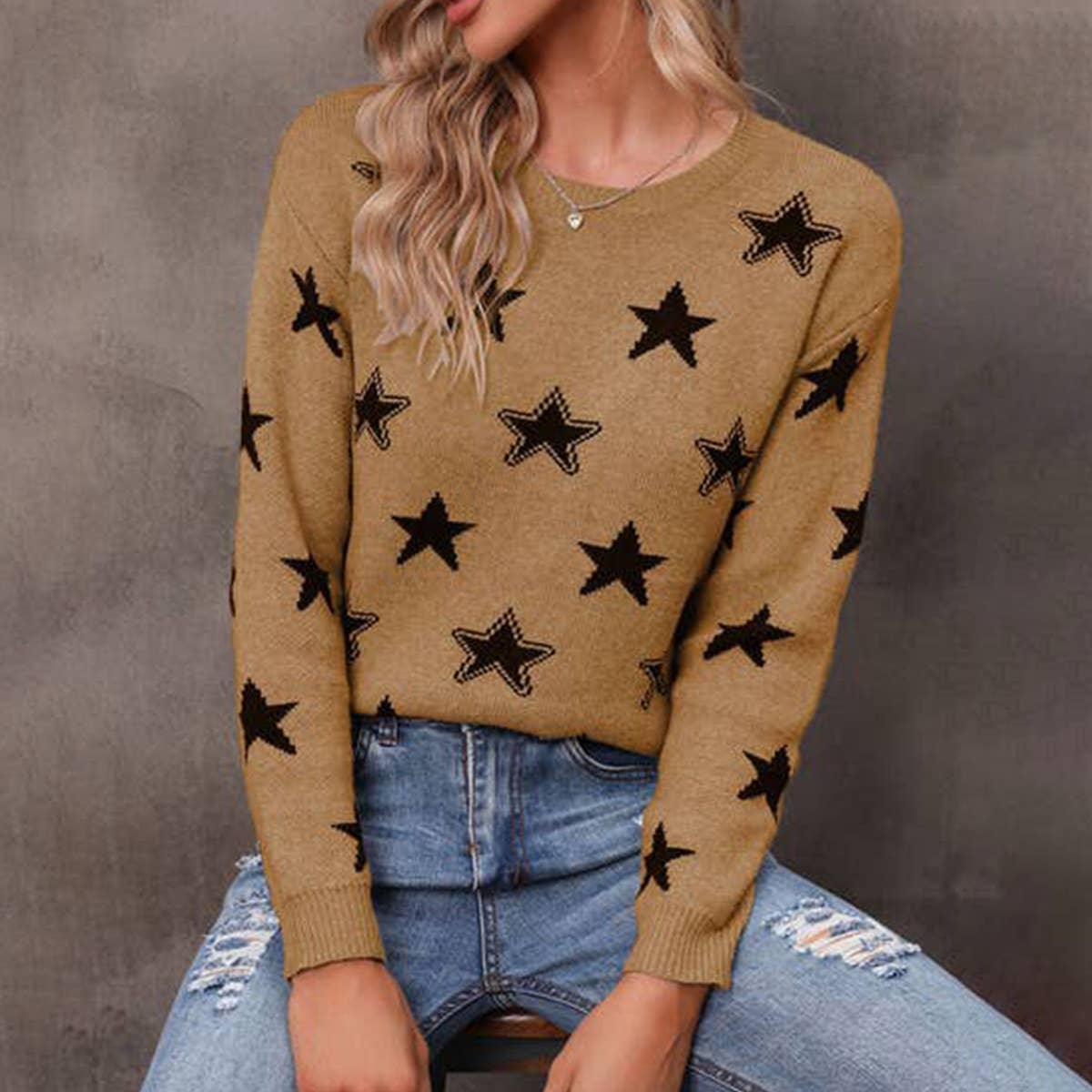 Star jacquard pullover slim knit sweater