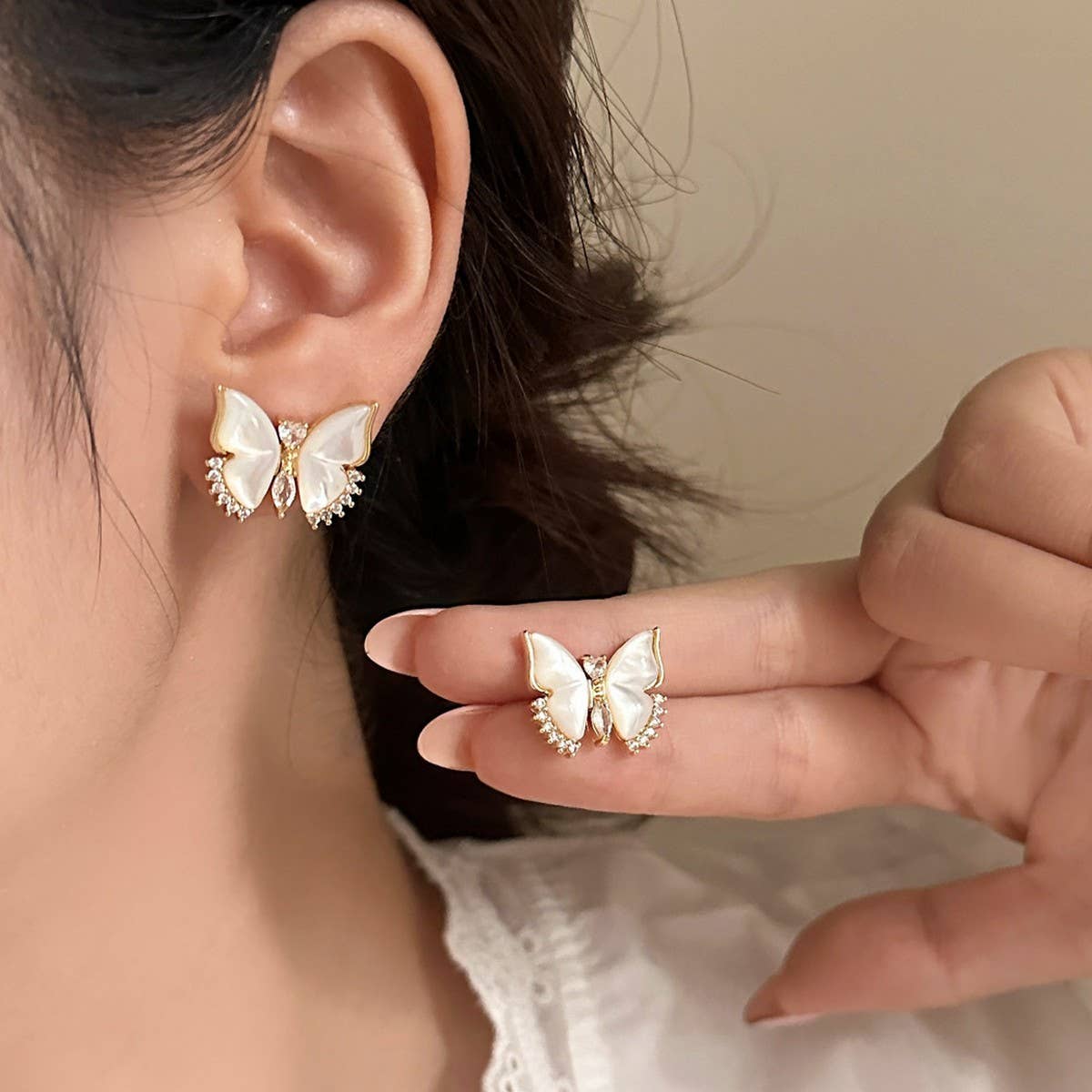 WHITE MOTHER-OF-PEARL ZIRCONIA BUTTERFLY EARRINGS