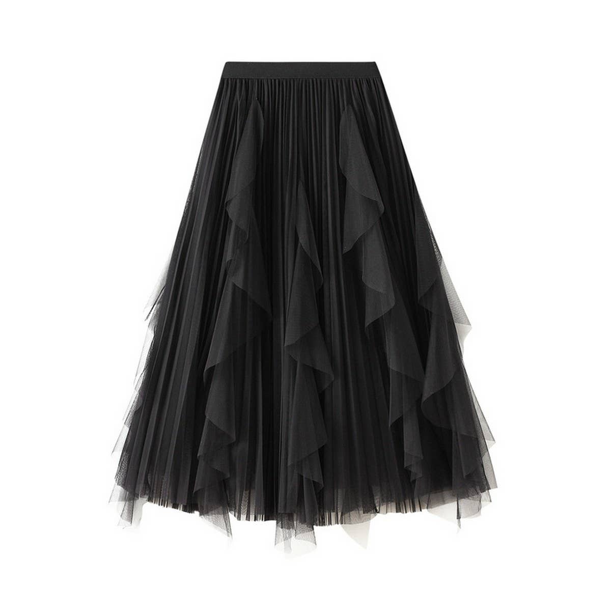 Ruffled Mesh Panel High-Waist Pleated Midi Skirt
