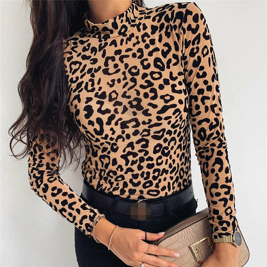 Half-High Neck Leopard Print Slim-Sleeved Shirt
