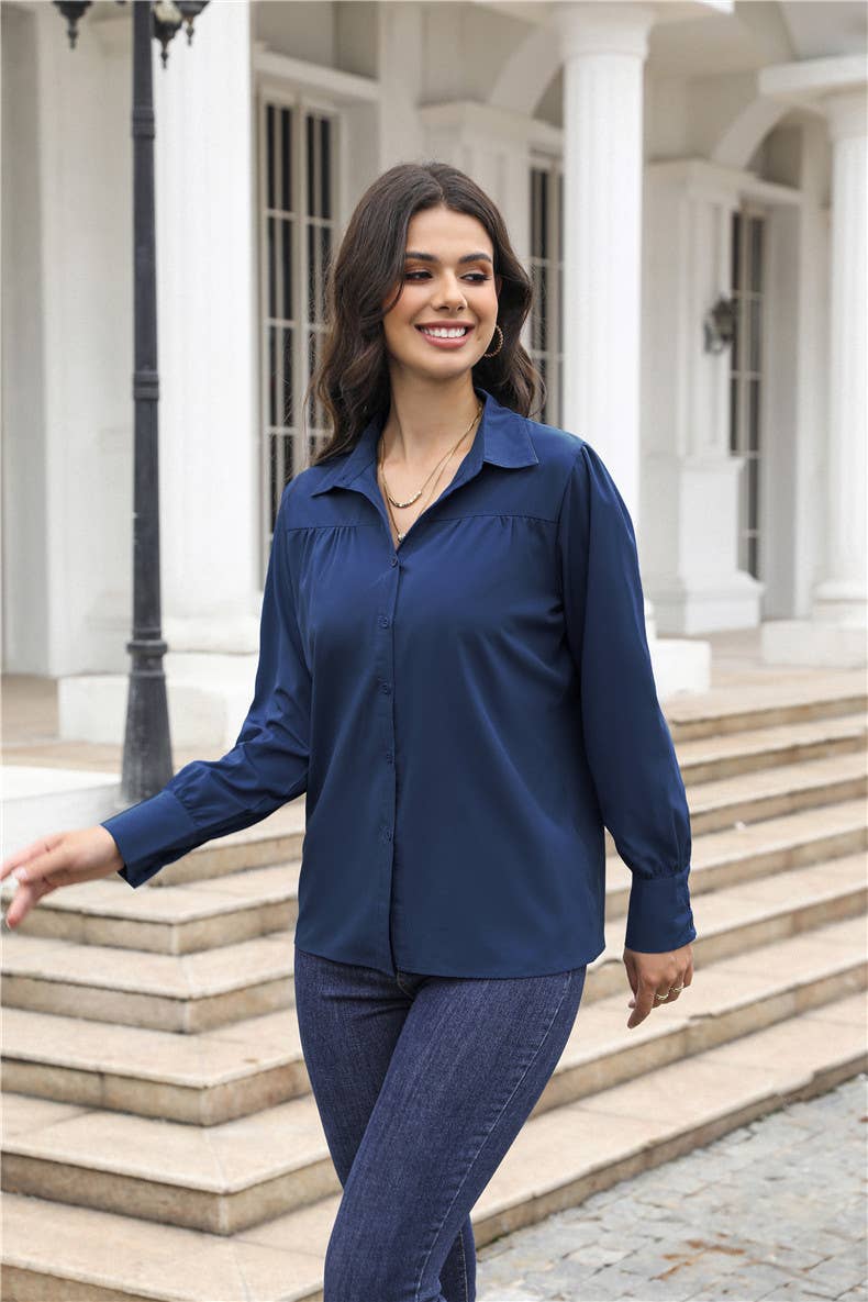 Lantern-sleeve pleated stand collar loose shirt